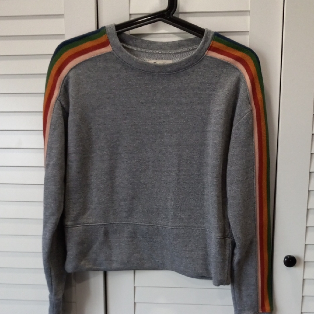 Madewell Rainbow-Inset Crop SweatshirtGray Sweater with Rainbow Stripes
